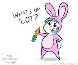 Size: 468x392 | Tagged: safe, artist:banebuster, imported from derpibooru, princess celestia, pony, series:tiny tia, animal, animal costume, bipedal, bugs bunny, bunny costume, bunny suit, bunnylestia, carrot, chibi, clothes, costume, cute, cutelestia, food, herbivore, looking at you, note, pointy ponies, simple background, solo, standing, tiny, tiny ponies