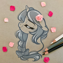 Size: 2774x2811 | Tagged: safe, artist:emberslament, imported from derpibooru, oc, oc only, oc:rosa flame, pony, unicorn, alternate hairstyle, alternate mane style, blushing, bow, braid, colored pencil drawing, colored pencils, cute, eyes closed, flower, flower in hair, flower petals, hair bow, petals, rose, smiling, solo, traditional art