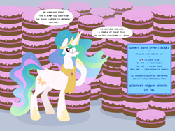 Size: 2100x1578 | Tagged: safe, artist:necrofeline, imported from derpibooru, princess celestia, alicorn, pony, series:celestia's winter gains growth drive, blushing, cake, cakelestia, clothes, dialogue, embarrassed, fattening, food, gray background, incentive drive, note expansion, one hoof raised, raised hoof, scarf, simple background, solo, this will end in weight gain, weight gain sequence