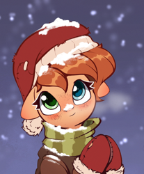 Size: 898x1087 | Tagged: safe, artist:rexyseven, imported from derpibooru, oc, oc only, oc:rusty gears, pony, blushing, christmas, clothes, female, floppy ears, freckles, hat, heterochromia, holiday, jacket, mare, mittens, santa hat, scarf, snow, winter