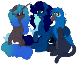 Size: 3146x2640 | Tagged: safe, artist:calibykitty, artist:midnightamber, imported from derpibooru, oc, oc only, oc:gerald, oc:midnight, oc:midnight specter, oc:nightlight canvas, alicorn, griffon, pony, unicorn, derpibooru community collaboration, 2021 community collab, alicorn oc, colored wings, griffon oc, horn, hug, long hair, long mane, long tail, looking at camera, multicolored hair, multicolored mane, multicolored tail, multicolored wings, raised leg, simple background, sitting, smiling, transparent background, unicorn oc, winghug, wings