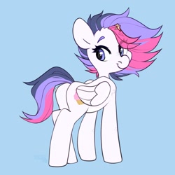 Size: 1900x1900 | Tagged: safe, artist:sugarstar, imported from derpibooru, oc, oc only, oc:airy sweetness, pegasus, pony, blue background, butt, cute, ocbetes, plot, simple background, solo