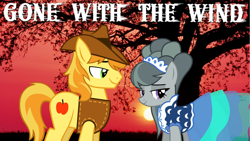 Size: 2064x1161 | Tagged: safe, anonymous artist, imported from derpibooru, braeburn, marble pie, braeble, clothes, cowboy, cowboy hat, cowboy vest, dress, female, gone with the wind, hat, male, movie reference, romantic, shipping, southern belle, straight, sunset, tree, youtube link