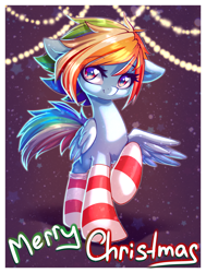 Size: 1000x1321 | Tagged: safe, artist:chaosangeldesu, imported from derpibooru, rainbow dash, pegasus, pony, christmas, clothes, cute, dashabetes, female, heart eyes, holiday, mare, merry christmas, socks, solo, striped socks, text, wingding eyes