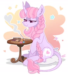 Size: 2000x2200 | Tagged: safe, artist:liquorice_sweet, imported from derpibooru, oc, oc only, pony, unicorn, abstract background, curved horn, cushion, female, freckles, heart, horn, lidded eyes, mare, pillow, raised hoof, sitting, smiling, smoke, solo, table, tail