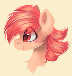 Size: 564x596 | Tagged: safe, artist:liquorice_sweet, imported from derpibooru, oc, oc only, pony, blushing, bust, chest fluff, ear fluff, eye clipping through hair, female, looking forward, mare, profile, simple background, smiling, solo, yellow background