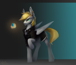 Size: 3456x2954 | Tagged: safe, artist:dashid, imported from derpibooru, oc, oc only, oc:cutting chipset, pegasus, pony, augmented, clothes, collar, cybernetic eyes, cyberpunk, gradient background, male, simple background, soda can, solo, stallion, trenchcoat