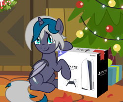 Size: 2500x2083 | Tagged: safe, artist:oyks, imported from derpibooru, oc, oc only, oc:elizabat stormfeather, alicorn, bat pony, bat pony alicorn, pony, alicorn oc, bat pony oc, bat wings, box, christmas, christmas lights, christmas tree, christmas wreath, commission, console, controller, cute, female, holiday, horn, mare, ocbetes, playstation 5, present, raised hoof, sitting, solo, tree, wings, wreath, ych example, ych result, your character here