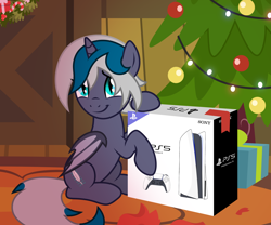 Size: 2500x2083 | Tagged: safe, alternate version, artist:oyks, imported from derpibooru, oc, oc only, oc:elizabat stormfeather, alicorn, bat pony, bat pony alicorn, pony, alicorn oc, bat pony oc, bat wings, box, christmas, christmas lights, christmas tree, christmas wreath, commission, console, controller, cute, female, holiday, horn, mare, ocbetes, playstation 5, present, raised hoof, sitting, solo, tree, wings, wreath, ych example, ych result, your character here