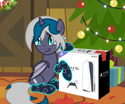 Size: 2500x2083 | Tagged: safe, alternate version, artist:oyks, imported from derpibooru, oc, oc only, oc:elizabat stormfeather, alicorn, bat pony, bat pony alicorn, pony, alicorn oc, bat pony oc, bat wings, box, christmas, christmas lights, christmas tree, christmas wreath, clothes, commission, console, controller, cute, female, holiday, horn, mare, ocbetes, playstation 5, present, raised hoof, sitting, socks, solo, tree, wings, wreath, ych example, ych result, your character here