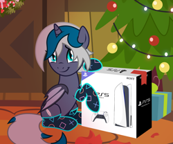 Size: 2500x2083 | Tagged: safe, alternate version, artist:oyks, imported from derpibooru, oc, oc only, oc:elizabat stormfeather, alicorn, bat pony, bat pony alicorn, pony, alicorn oc, bat pony oc, bat wings, box, christmas, christmas lights, christmas tree, christmas wreath, clothes, commission, console, controller, cute, female, holiday, horn, mare, ocbetes, playstation 5, present, raised hoof, sitting, socks, solo, tree, wings, wreath, ych example, ych result, your character here