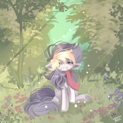 Size: 1000x1000 | Tagged: safe, artist:liquorice_sweet, imported from derpibooru, oc, oc only, oc:liquorice sweet, earth pony, pony, chest fluff, clothes, crepuscular rays, eyes closed, female, flower, forest, grass, mare, meadow, scarf, sitting, smiling, solo, tree, underhoof