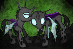 Size: 1054x704 | Tagged: safe, artist:janiceghosthunter, imported from derpibooru, changeling, depressed, head down, purple changeling, sad