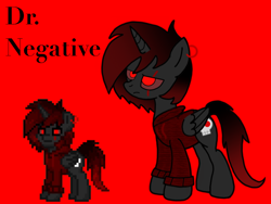 Size: 1024x768 | Tagged: safe, artist:ice_king1011, imported from derpibooru, oc, oc:dr negative, alicorn, bold text, clothes, ear piercing, earring, edgy, hoodie, jewelry, needs more saturation, ow the edge, piercing, red and black oc, red background, red eyes, simple background