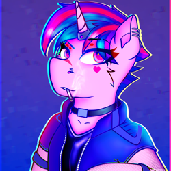 Size: 4096x4096 | Tagged: safe, artist:legionsunite, imported from derpibooru, twilight sparkle, pony, unicorn, alternate hairstyle, choker, cigarette, ciggarette, clothes, cyberpunk, fishnets, horn, horn ring, jacket, neon, nose piercing, nose ring, piercing, punklight sparkle, ring, simple background, solo