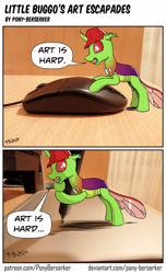 Size: 1280x2102 | Tagged: safe, artist:pony-berserker, imported from derpibooru, oc, oc:berzie, changedling, changeling, pony, comic, computer mouse, drawing tablet, irl, photo, ponies in real life, speech bubble