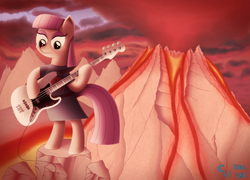 Size: 3615x2604 | Tagged: safe, artist:cosmikvek, imported from derpibooru, maud pie, earth pony, pony, bass guitar, bipedal, cable, clothes, female, hoof hold, lava, magma, musical instrument, rock, smoke, solo, volcano