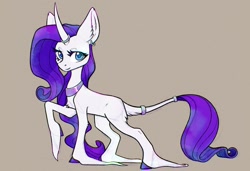 Size: 1500x1024 | Tagged: safe, artist:dawnfire, imported from ponybooru, rarity, classical unicorn, pony, unicorn, cloven hooves, collar, curved horn, ear piercing, earring, female, hooves, horn, horn ring, jewelry, leonine tail, mare, piercing, ring, signature, simple background, solo, tail, tail ring, unshorn fetlocks