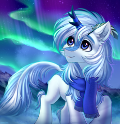 Size: 1920x1980 | Tagged: safe, artist:hakaina, imported from derpibooru, oc, oc only, oc:code quill, kirin, pony, aurora borealis, cheek fluff, clothes, commission, cute, ear fluff, horn, kirin oc, leg fluff, leonine tail, looking away, male, multicolored hair, multicolored mane, multicolored tail, quill, scarf, simple background, smiling, solo, ych result, your character here