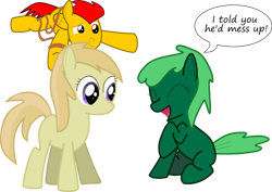 Size: 900x636 | Tagged: safe, artist:laberoon, imported from derpibooru, noi, oc, oc:bizzul, oc:spearmint, earth pony, pegasus, .ai available, .svg available, 1000 hours in ms paint, colt, female, filly, funny, giggling, laughing, male, rope, sad, silly, simple background, smiling, stuck, text, transparent background, vector, word bubble, worried