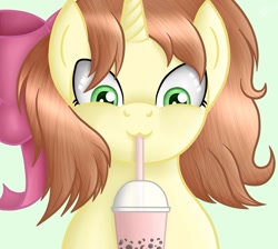 Size: 1559x1397 | Tagged: artist needed, source needed, safe, imported from derpibooru, oc, oc only, oc:cinnamon stick, pony, unicorn, bubble tea, drinking, female, horn, looking down, mare, solo, unicorn oc