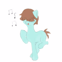 Size: 1600x1600 | Tagged: safe, artist:srbolsa, artist:switcharoo, imported from derpibooru, oc, oc only, oc:switcharoo, earth pony, pony, dancing, earth pony oc, glasses, happy, male, music notes, simple background, stallion, white background