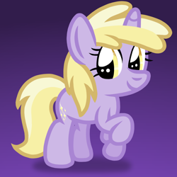 Size: 768x768 | Tagged: safe, artist:apronspawn, imported from derpibooru, dinky hooves, pony, unicorn, cute, cutie mark, dinkabetes, female, filly, hooves, purple background, simple background, smiling, sparkles