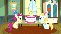 Size: 1280x720 | Tagged: safe, imported from derpibooru, screencap, rose petal, rosy gold, earth pony, pony, unicorn, pinkie pride, 5, birthday cake, birthday candle, birthday party, cake, cerise bud, female, filly, food, hat, hooves, house, living room, party, party hat, sitting, smiling, table, the super duper party pony