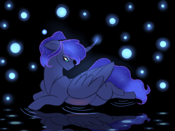 Size: 1400x1050 | Tagged: safe, artist:crystallightfury, imported from derpibooru, princess luna, alicorn, pony, belly blush, female, horn, mare, pregnant, reflection, smiling, solo, wings