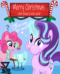 Size: 2150x2632 | Tagged: safe, artist:theretroart88, imported from derpibooru, pinkie pie, starlight glimmer, earth pony, pony, unicorn, christmas, clothes, confused, cookie, eating, female, food, glass, glowing horn, happy new year, high res, holiday, horn, magic, mare, messy eating, milk, plate, question mark, scarf, telekinesis, this will not end well