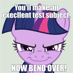 Size: 1032x1034 | Tagged: safe, imported from derpibooru, twilight sparkle, pony, bend over, caption, looking at you, meme, rapeface, smiling, text