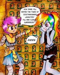 Size: 803x996 | Tagged: safe, artist:liaaqila, imported from derpibooru, rainbow dash, scootaloo, equestria girls, adventurer, belly button, clothes, commission, cute, cutealoo, dashabetes, egyptian, hieroglyphics, midriff, mummy, nightmare retardant, scootankhamen, shorts, speech bubble, squee, tanktop, traditional art