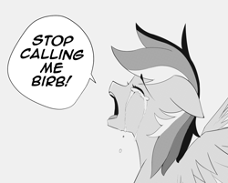 Size: 1197x961 | Tagged: safe, artist:owlnon, imported from derpibooru, rainbow dash, pegasus, pony, birb, black and white, crying, crying aya asagiri, despair, drawthread, eyes closed, floppy ears, grayscale, meme, misery, monochrome, open mouth, ponified meme, sad, solo, speech bubble