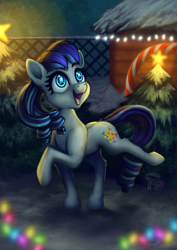 Size: 827x1169 | Tagged: safe, artist:calena, imported from derpibooru, coloratura, earth pony, pony, christmas, christmas lights, christmas tree, cute, female, happy, holiday, mare, raised leg, rara, rarabetes, smiling, solo, starry eyes, tree, wingding eyes