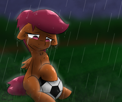 Size: 1200x1000 | Tagged: safe, artist:kingkrail, imported from derpibooru, scootaloo, pegasus, pony, crying, female, filly, football, looking down, rain, sad, sitting, soccer ball (object), solo, wet, wet mane