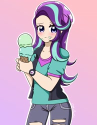 Size: 1688x2176 | Tagged: safe, artist:kittyrosie, imported from derpibooru, starlight glimmer, human, equestria girls, mirror magic, spoiler:eqg specials, beanie, cute, digital art, female, food, glimmerbetes, hat, human coloration, humanized, ice cream, ice cream cone, solo, watch, wristwatch