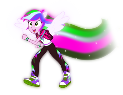 Size: 3218x2498 | Tagged: safe, artist:lincolnbrewsterfan, color edit, derpibooru exclusive, edit, editor:nc-tv, imported from derpibooru, vector edit, oc, oc:chroma zoom, equestria girls, equestria girls series, run to break free, spoiler:eqg series (season 2), .svg available, colored, converse, geode of reverse dash, glow, glowing, happy, inverted colors, looking up, not rainbow dash, ponied up, pony ears, rainbow trail, recolor, reverse dash, running, shine, shoes, simple background, singing, smiling, sparkles, speed trail, spread wings, svg, trail, transparent background, vector, wings