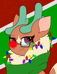 Size: 2470x3192 | Tagged: safe, artist:mrneo, imported from derpibooru, cashmere (tfh), deer, reindeer, them's fightin' herds, cashmere is not amused, christmas, christmas lights, clothes, community related, holiday, red nose, red nosed, red nosed reindeer, scarf, solo