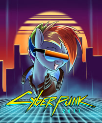 Size: 1280x1536 | Tagged: safe, alternate version, artist:rocket-lawnchair, edit, imported from derpibooru, rainbow dash, pegasus, pony, bust, cyberpunk, cyberpunk 2077, female, grin, smiling