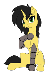 Size: 3307x4677 | Tagged: safe, artist:calena, derpibooru exclusive, imported from derpibooru, oc, oc only, oc:gadget steelmare, cyborg, pony, unicorn, derpibooru community collaboration, 2021 community collab, female, prosthetic limb, prosthetics, simple background, sitting, solo, transparent background