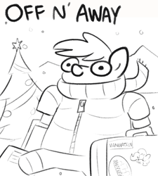 Size: 1440x1598 | Tagged: safe, artist:tjpones, imported from derpibooru, oc, oc only, oc:tjpones, semi-anthro, black and white, christmas, christmas tree, clothes, dexterous hooves, grayscale, holiday, hoof hold, jacket, lineart, luggage, male, monochrome, scarf, simple background, snow, snowfall, solo, stallion, suitcase, tree, walking, white background, winter outfit