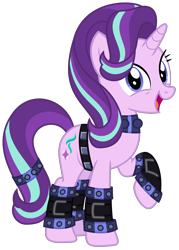 Size: 1500x2097 | Tagged: safe, artist:sketchmcreations, imported from derpibooru, starlight glimmer, pony, unicorn, belt, choker, edgelight glimmer, female, gameloft, gameloft interpretation, looking at you, mare, open mouth, simple background, smiling, solo, studded bracelet, studded choker, tail band, transparent background, vector