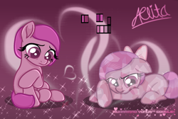 Size: 1607x1081 | Tagged: safe, artist:muhammad yunus, artist:tanahgrogot, imported from derpibooru, oc, oc only, oc:aelita, crystal pony, earth pony, pony, 2019, bow, duo, female, heart, mare, medibang paint, unamused