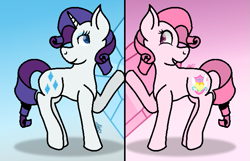 Size: 685x440 | Tagged: safe, artist:muhammad yunus, artist:tanahgrogot, imported from derpibooru, rarity, oc, oc:annisa trihapsari, earth pony, pony, unicorn, blue background, cutie mark, diamonds, duo, duo female, female, friendship, grin, heart, mare, pink background, simple background, smiling