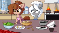 Size: 2048x1155 | Tagged: safe, artist:tjpones, imported from derpibooru, oc, oc only, oc:brownie bun, oc:clair, earth pony, pony, unicorn, apron, blank eyes, burnt, chef's hat, clothes, commission, deviled eggs, duo, egg, female, fire, food, hat, kitchen, mare, pasta, salad, smiling, smoke