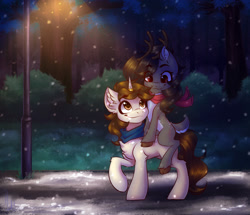 Size: 1394x1200 | Tagged: safe, artist:falafeljake, imported from derpibooru, oc, oc:gene, oc:metronome circuit, deer, pony, unicorn, chest fluff, clothes, freckles, horn, horn ring, jewelry, looking at each other, ring, scarf, smiling, snow, snowfall, streetlight