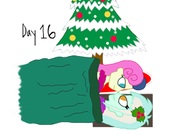 Size: 1280x986 | Tagged: safe, artist:horroraceman93, imported from derpibooru, bon bon, lyra heartstrings, sweetie drops, equestria girls, christmas, christmas tree, female, holiday, holly, lesbian, lyrabon, mistletoe, shipping, simple background, sleeping bag, sleepover, transparent background, tree