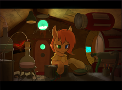 Size: 2343x1731 | Tagged: safe, artist:leesys, imported from derpibooru, oc, oc only, oc:rusty gears, pony, background, beaker, clothes, heterochromia, indoors, lamp, poster, room, scarf, screwdriver, solo