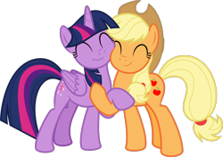 Size: 1143x804 | Tagged: safe, artist:sollace, derpibooru exclusive, imported from derpibooru, applejack, twilight sparkle, alicorn, earth pony, pony, unicorn, harvesting memories, spoiler:harvesting memories, .svg available, :t, ^^, applejack's hat, cowboy hat, cute, duo, duo female, eyes closed, female, folded wings, hat, hooves, horn, hug, jackabetes, mare, multicolored mane, multicolored tail, show accurate, simple background, smiling, standing, svg, tail, transparent background, twiabetes, twilight sparkle (alicorn), vector, wings