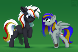 Size: 2500x1684 | Tagged: safe, artist:airfly-pony, imported from derpibooru, oc, oc only, oc:eagle fly, oc:velvet remedy, pegasus, pony, unicorn, fallout equestria, fallout equestria: project horizons, eye clipping through hair, fanfic art, female, looking at each other, mare, open mouth, raised hoof, raised leg, smiling, spread wings, standing, wings